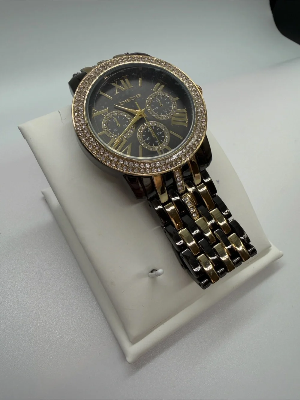 Brand new never worn bebe Two-Tone Black and Gold Crystal Accent Bracelet Watch